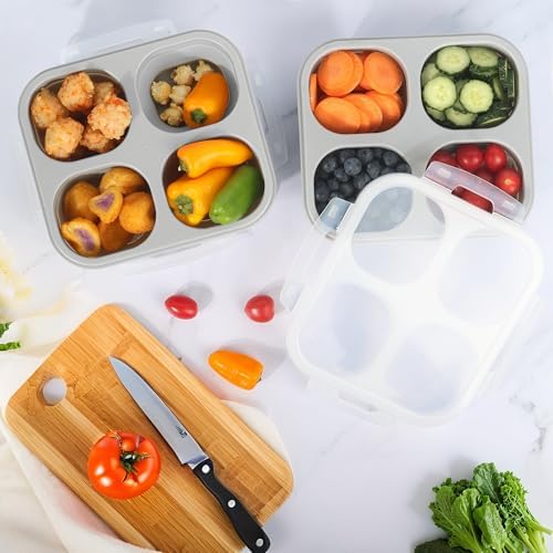 4-Compartment Collapsible Silicone Snack Containers (2-Pack), Leakproof Bento Box for Adults Portion Control, Space Saving Food Storage snakle box with Airtight Clip Lids, Microwave Safe (2)