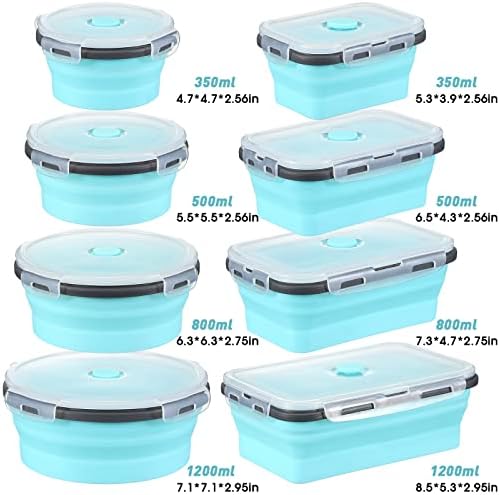 Mimorou 8 Pcs Collapsible Food Storage Containers Foldable Silicone Lunch Containers with Lids 4 Silicone Rectangle Collapsible Bowls and 4 Round Food Bowls Microwave Freezer Dishwasher Safe (Blue)