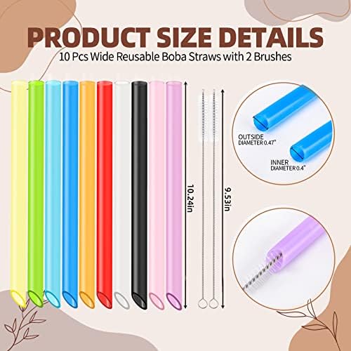 10Pcs Disposable Plastic Drinking Smoothie Straws,with 2 Brushe 10 Colors BPA FREE Food-Grade Jumbo Straws for Smoothies,Bubble Tea Milkshake