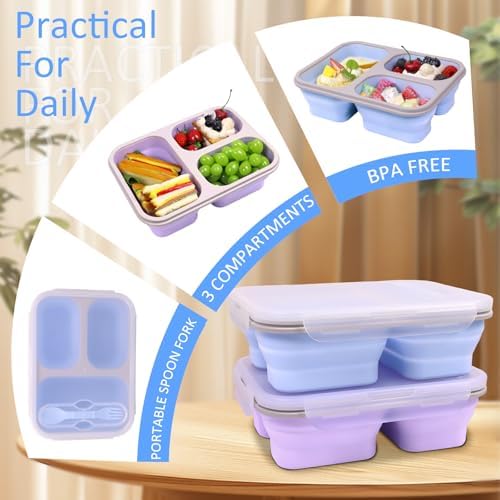 Large Collapsible Silicone Bento Lunch Box, 2 Pack with 3 Compartments Each,45.6oz Food Storage Containers with Spoons Forks, Portable for Work, Picnic, Travel, BPA Free（Blue+ Purple）