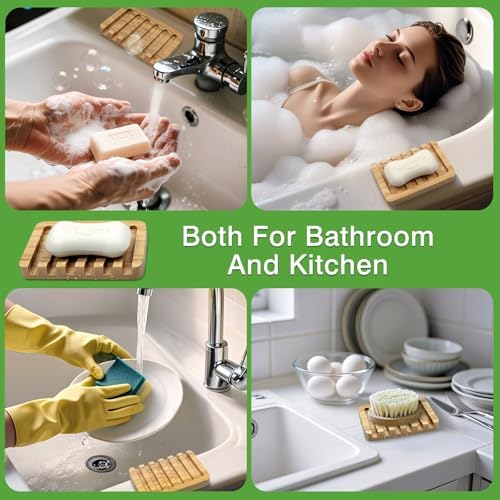 Self-Draining Bamboo Soap Dish – Natural One-Piece Soap Saver for Shower, Bathroom, Kitchen Sink, and Bathtub with Anti-Slip Design