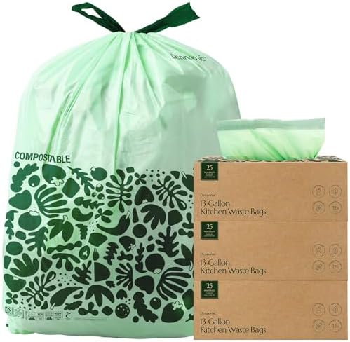 Cleanomic Compostable* 13 Gallon Waste Bags with Drawstring (3 Pack, 75 Count), BPI Certified For Kitchen Compost