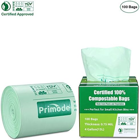 100% Compostable Bags, 4 Gallon (15L) Food Scraps Yard Waste Bags, Extra Thick 0.75 Mil. ASTM D6400 Compost Bags Small Kitchen Trash Bags, 100 Count Certified by BPI & TUV EU