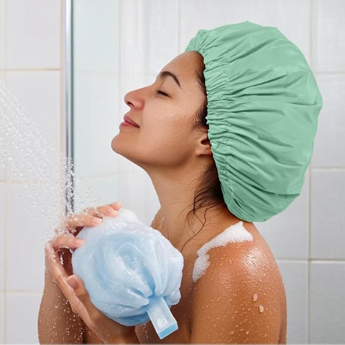 Reusable Shower Cap for Women, Large Waterproof Shower Essentials Bonnet Washable Elastic Band Bath Hair Wrap Hat for Long Hair, Braids(Green Bean)