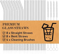 Foogwee® 20 Packs Reusable Glass Straws Set, 6'' x 10mm Clear Drinking Straws for Smoothies, Shakes, Coffee, Juice, Sodas, Milk, Tea, Cocktails, Set of 8 Straight and 8 Bent with 4 Cleaning Brushes