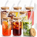 16 Oz Drinking Glasses - 8 Pcs Glass Cups with Bamboo Lids and Straws
