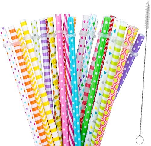 JANYUN 30Pcs Colorful Reusable Plastic Straws with Cleaning Brush