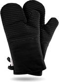 AVACRAFT Oven Mitts Pair, Black - Flexible, 100% Cotton with Unique Heat Resistant Food Grade Silicone, Thick Terry Cloth Interior, 500 F Heat Resistant