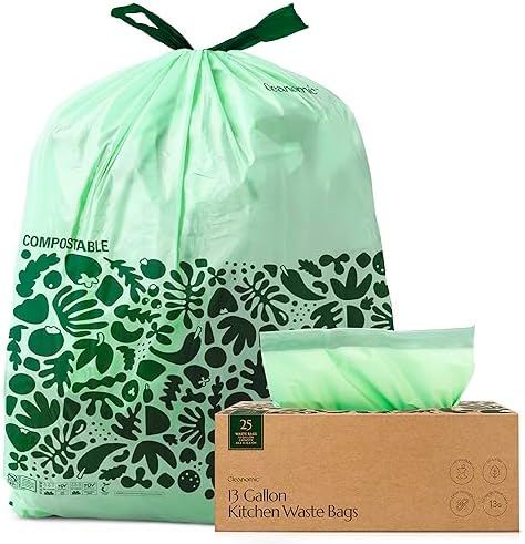 Cleanomic Compostable* Waste Bags with Drawstring (13 Gallon, 25 Units, Tall), BPI Certified For Kitchen Compost