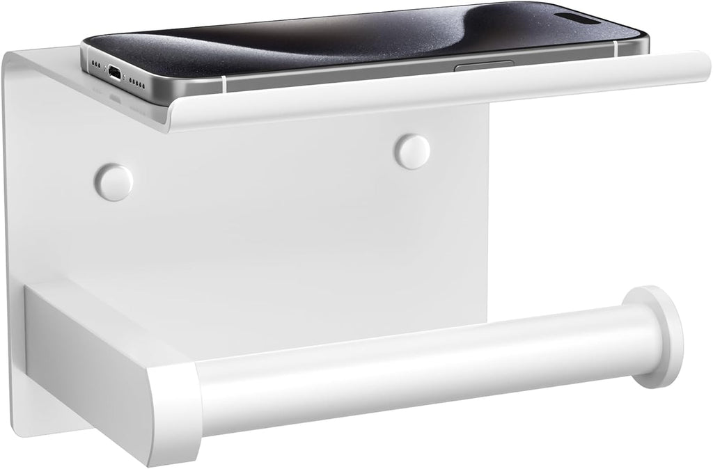 Tindbea Toilet Paper Holder with Phone Shelf, Adhesive or Screw Wall Mount Toilet Tissue Roll Holder, Rustproof & Multifunctional Stainless Steel Bathroom Storage Dispenser (White)