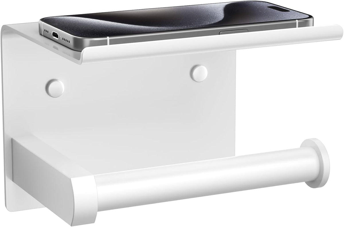 Tindbea Toilet Paper Holder with Phone Shelf, Adhesive or Screw Wall Mount Toilet Tissue Roll Holder, Rustproof & Multifunctional Stainless Steel Bathroom Storage Dispenser (White)