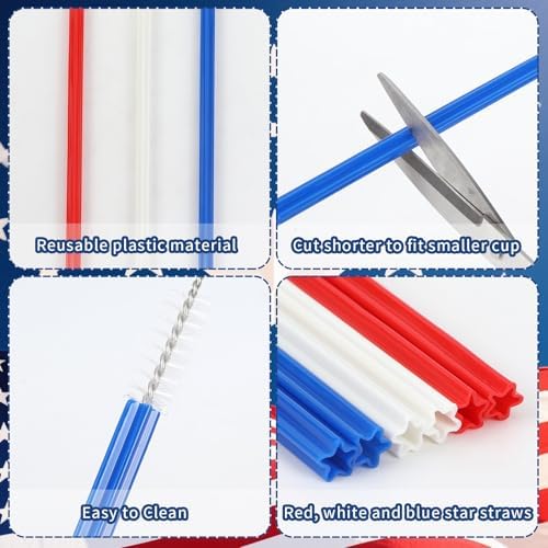 JANYUN 30 Pieces Patriotic Plastic Straws, Red White Blue Star Straws