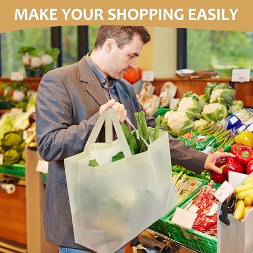 50 Pcs 50 Pcs Reusable Tote Bag with Handles Bulk 16.1'' X 6.3'' X 11.8'' Extra Large Non Woven Grocery Shopping Bags for Boutiques Retail Store(Beige)