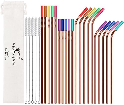 20 Pcs Rose Gold Reusable Stainless Steel Straws,10.5" & 8.5" Reusable Drinking Straws with 20 Silicone Tips 5 Straw Brushes 1 Travel Case,Eco Friendly Extra Long Metal Straw for 20 24 30 oz Tumbler
