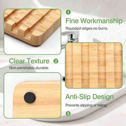 Self-Draining Bamboo Soap Dish – Natural One-Piece Soap Saver for Shower, Bathroom, Kitchen Sink, and Bathtub with Anti-Slip Design