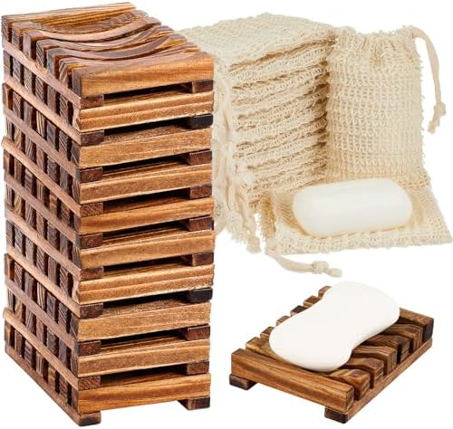 Umigy 60 Pcs Soap Bag Holder Kit, Sisal Mesh Bamboo Tray, Beige, Charcoal