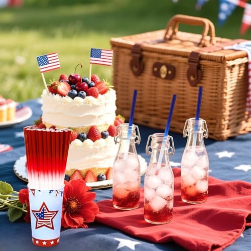 JANYUN 30 Pcs 4th of July Straws, Reusable Plastic Patriotic Straw
