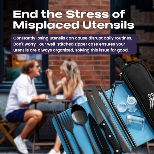 Taplord Portable Travel Silverware Set With Case, Includes 10 Pcs of Travel Utensils With Case, Stainless Steel Flatware Set For Camping, Lightweight (Black) (Pack of 3)