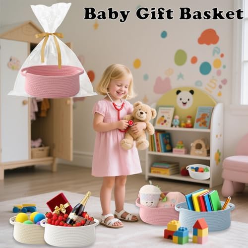 Pink Woven Rope Basket - Baby Gift Basket with Bag & Ribbon
