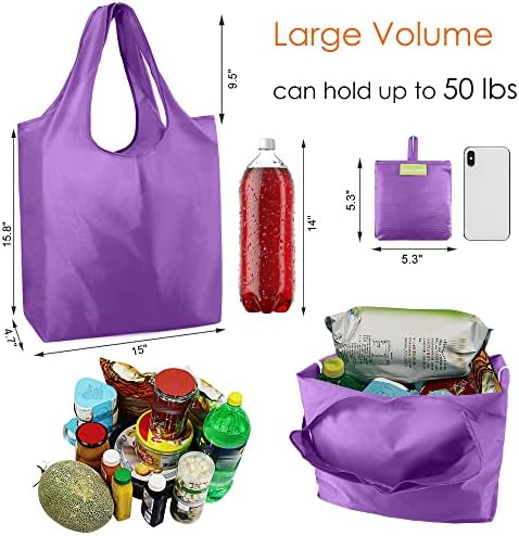 BeeGreen Purple Reusable Grocery Bags Wholesale Purple Reusable Kitchen Bags Bulk Foldable-Machine Washable with Zipper Storage Pouch 50 Packs