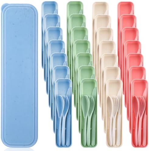 Reusable Utensils Set with Case, 28 Sets Wheat Straw Lunch Utensil Set, Portable Spoon Fork Knife Cutlery for Travel Camping Picnic Office Bento Box, Eco-Friendly BPA Free Tableware