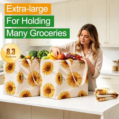 Aesthetic Canvas Reusable Grocery Bags Heavy Duty, 8.3 gal Foldable Large Tote Bag with Handles, Holds 60 lbs & Washable Eco-friendly Bags with 5 Pockets, Beige with a print 3 Bags