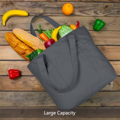 TOPDesign 6-Pack Canvas Tote Bags with an External Pocket, Reusable Grocery Shopping Bags, Top Zipper Closure, Daily Essentials (Grey)