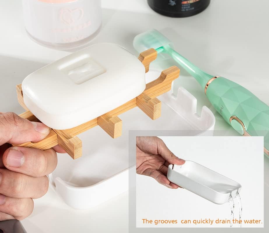 Classic Bamboo Fiber Soap/Sponge Dishes, Bar Sink Soap Holder, Bathroom Small Soap Tray, White