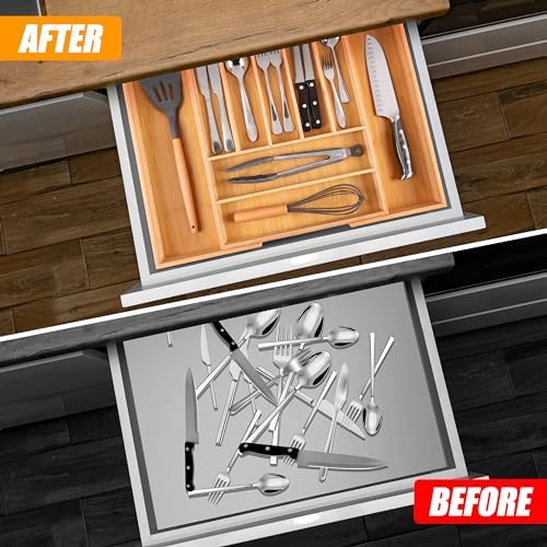 Bellsal Large Premium Bamboo Silverware Organizer - Expandable Utensil Drawer Organizer - 17"x19.6" Utensil Holder and Cutlery Tray with Grooved for Kitchen Flatware and Utensils Mother's Day Gift