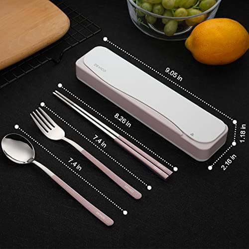 DEVICO Travel Utensils with Case, 4Pcs Portable Silverware Set for Work, 18/8 Stainless Steel Reusable Cutlery, Korean Spoon and Chopsticks Fork for Camping, School, Lunch Box Accessories (Pink)