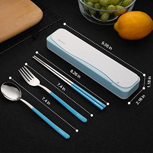 DEVICO Travel Utensils with Case, 4Pcs Portable Silverware Set for Work, 18/8 Stainless Steel Reusable Cutlery, Korean Spoon and Chopsticks Fork for Camping, School, Lunch Box Accessories (Blue)