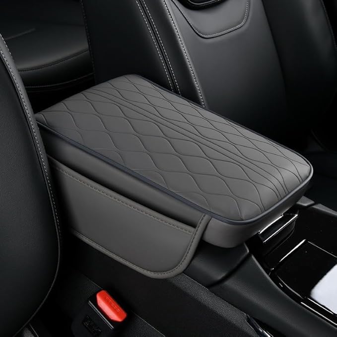 Car Center Console Cushion for 9th Gen Toyota Camry LE SE XLE XSE 2025 2026, Nappa Leather Memory Foam Armrest Cover with Side Storage Pockets, Auto Elbow Support Pad 1pc,Grey