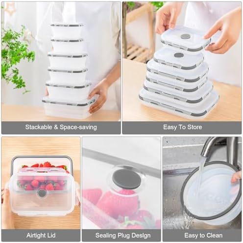 Dandat 12 Silicone Collapsible Food Storage Containers Foldable Silicone Lunch Container 6 Rectangle and 6 Round Airtight Collapsible Bowl with Lid Set for Kitchen Microwave (Translucence Gray)