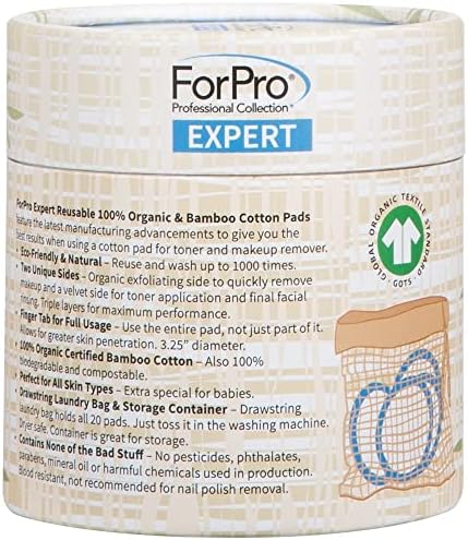 ForPro Professional Collection Expert Reusable Cotton Rounds (20 Pack), 100% Organic and Bamboo Makeup Remover Pads, Includes Drawstring Laundry Bag and Storage Container
