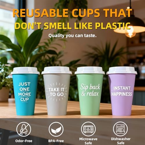 Plastic Reusable Coffee Cups with Lids, 4 Pack