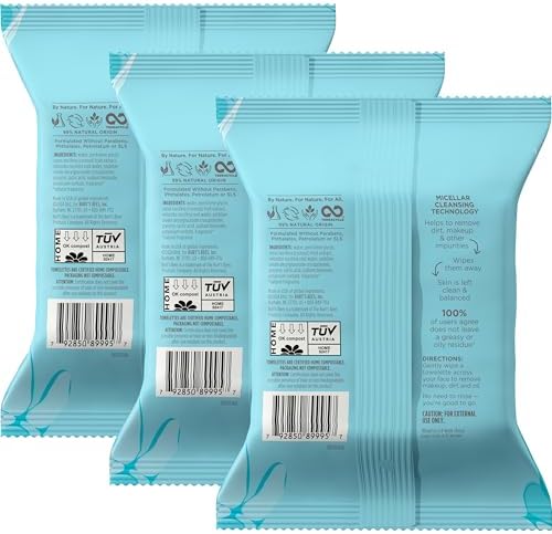 Face Wipes, Burt's Bees Facial Cleansing, Makeup Remover Towelettes, 3 in 1 Hydrating Micellar Cleanser with Coconut & Lotus Water, 90 Count (Packaging May Vary)