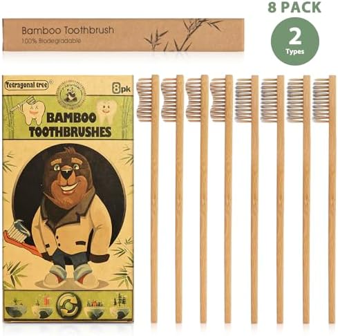 Biodegradable Eco-Friendly Natural Bamboo Charcoal Toothbrushes | 4 Soft Bristles + 4 Medium Bristles | Ideal for Households, Hotels, Travel, Work, Dentists, and Schools (8 Count)