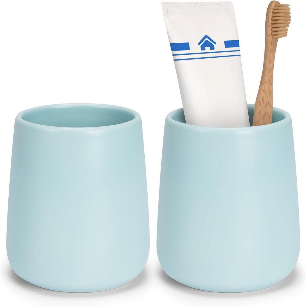 Bathroom Tumbler Cup Ceramic 2Pcs 13.5oz Reusable Toothbrush Cup 400ml,Toothbrush Holder Adequate for Your Bathroom (Cyan)