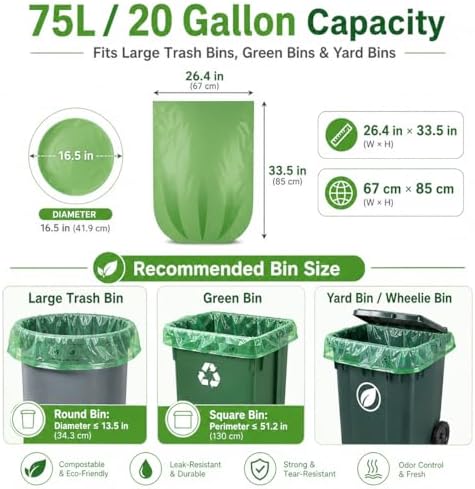 20 Gallon Compostable Trash Bags- 75L Compostable Organic Garbage Bags 100 Count,Large Biodegradable Bags for Household/Garden/Kitchen