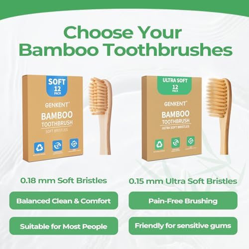 GENKENT Ultra Soft Bamboo Toothbrush, 12 Pack, 0.15mm Bristles