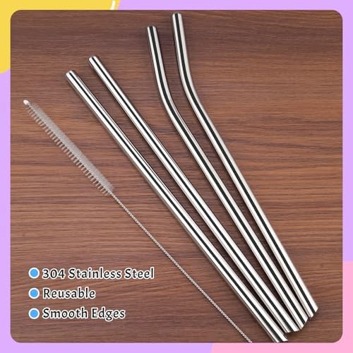 NiHome 4-Pack Stainless Steel Straws for Boba, Smoothie, 10.4” Metal Straws