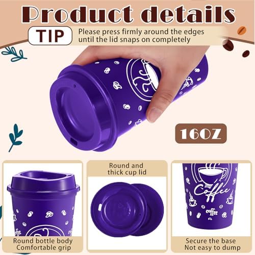 12 Sets Reusable Coffee Cups with Lids, 16oz, Purple Series