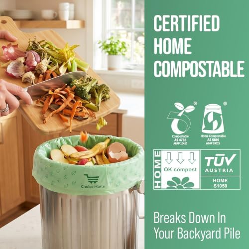 50 Home Compostable Trash Bags 1.6 Gallon Easy Tie Handles