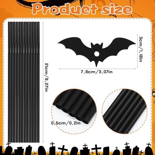 JANYUN 40 Pcs Black Halloween Straws Plastic with Glitter Bat Toppers
