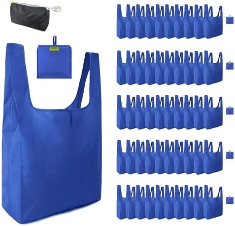 BeeGreen Reusable Grocery Bags Blue Kitchen Bags Bulk Foldable-Machine Washable with Zipper Storage Pouch 50 Packs