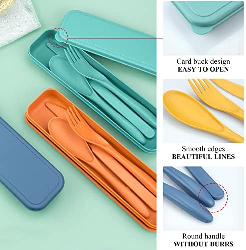 DISSKNIC 4 Sets Reusable Utensils Set with Case,Travel Utensils Cutlery Set Spoons and Forks Set, Reusable Plastic Utensils for Lunch Box Accessories for Adults, Portable Lunch Utensils Set for Daily