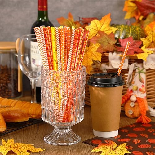 JANYUN 30 Pieces Fall Straws, 9inch Hard Platic Reusable Thanksgiving Drinking Straws Autumn Maple Leaf Pumpkin Straw for Family Party Favors Supplies Cleaning Brush (Orange & Yellow)