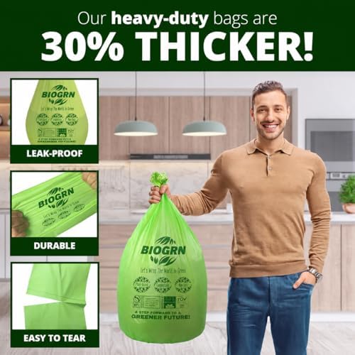 10-13 Gallon Compostable Trash Bags with Flat-Top 50 Bags Thick 0.87 Mil Leakproof Plant-based Tall Kitchen Wet Food Scrap Waste, ASTM D6400, US BPI and OK Compost Home Certified