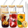 16 Oz Drinking Glasses - 6 Pcs Glass Cups with Bamboo Lids and Straws