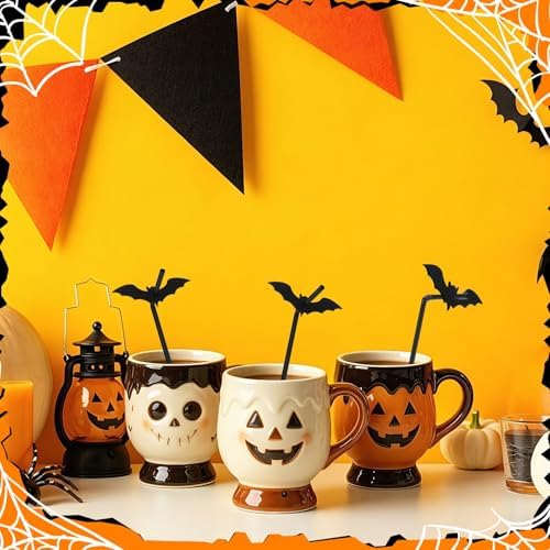 JANYUN 40 Pcs Black Halloween Straws Plastic with Glitter Bat Toppers